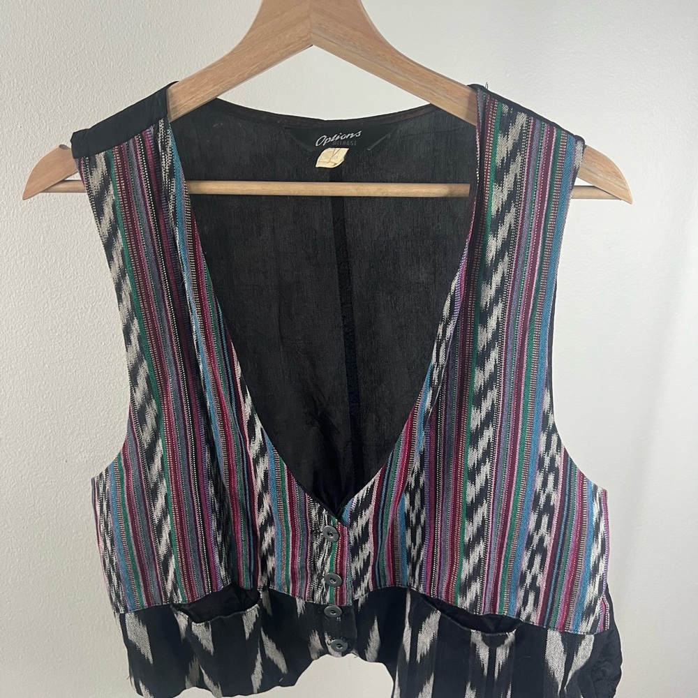 Options Melrose 100% Silk Black/Blue/Purple Button Up Vest striped pattern